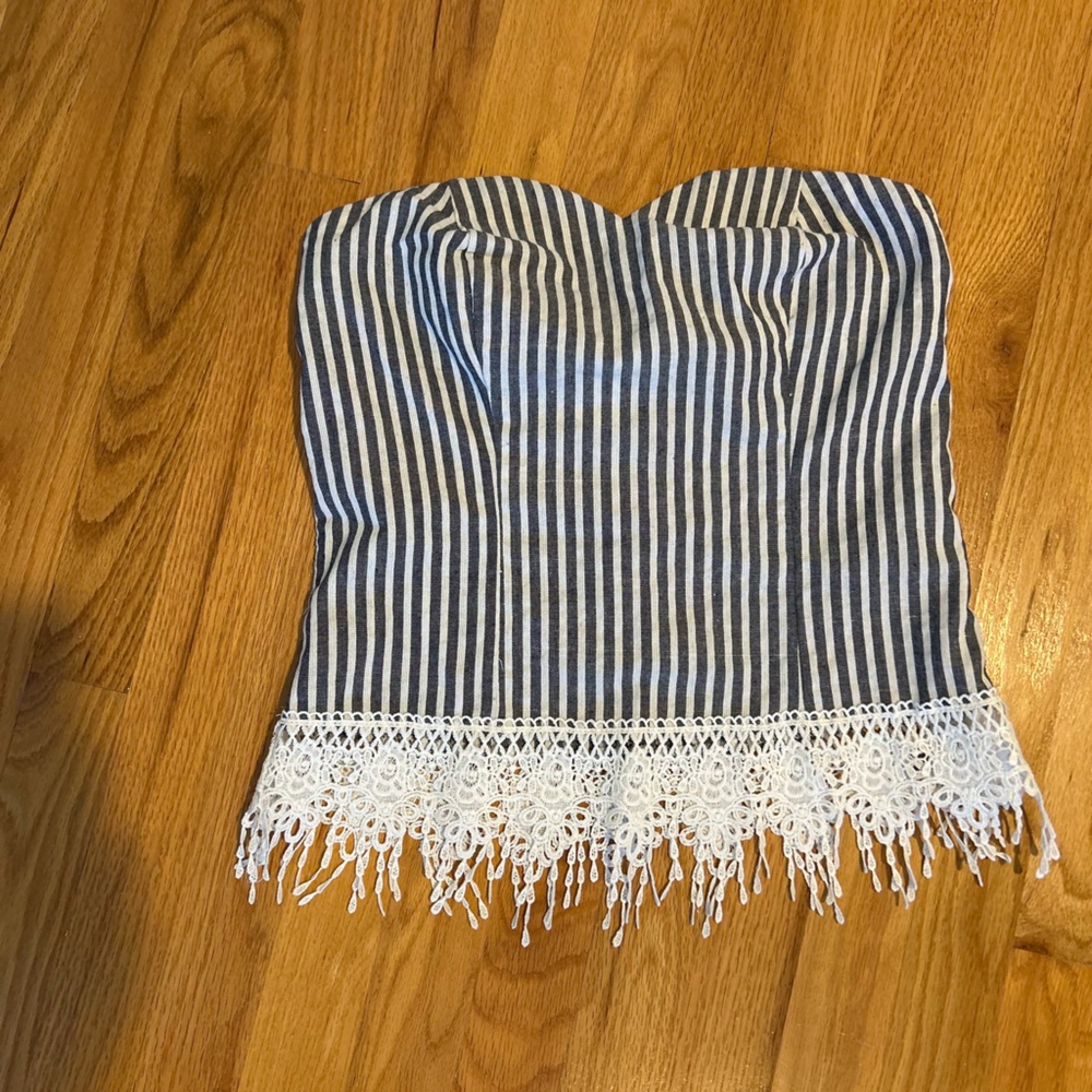 Striped Blue & White Lace-Trim Tube Top